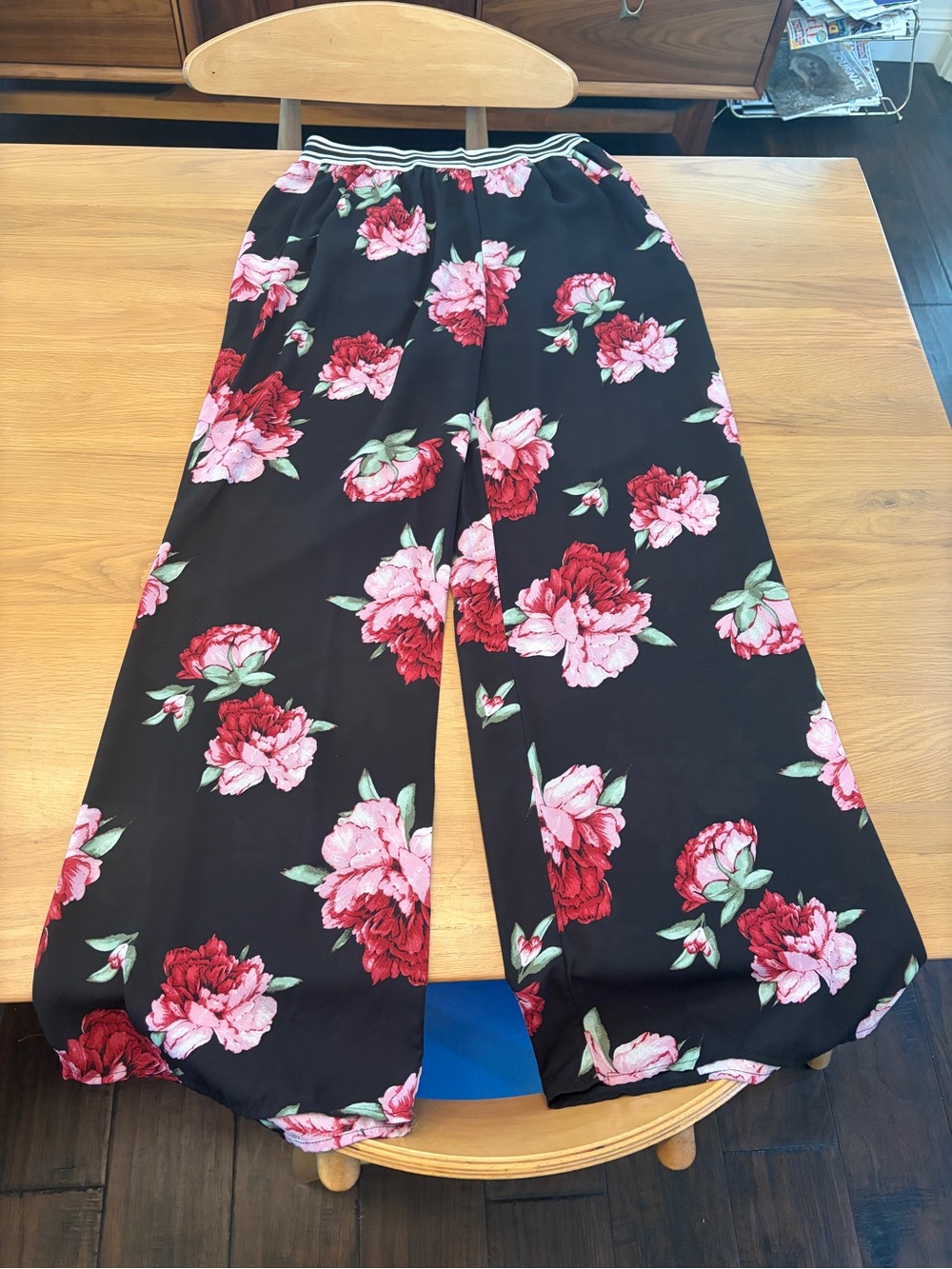 h.i.p. Black Wide-Leg Floral Pants with Pink & Red Blooms